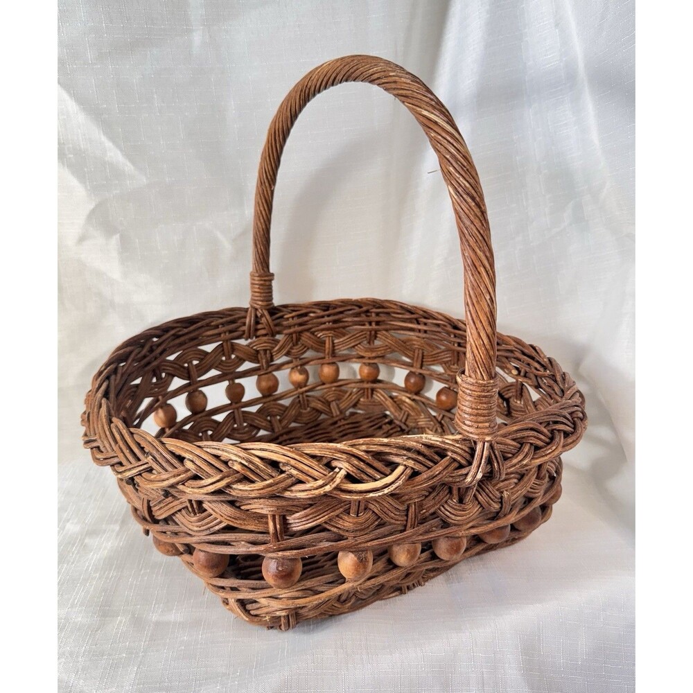 Vintage Hand Woven Basket Wicker 11 Brown Gathering Basket with Handle